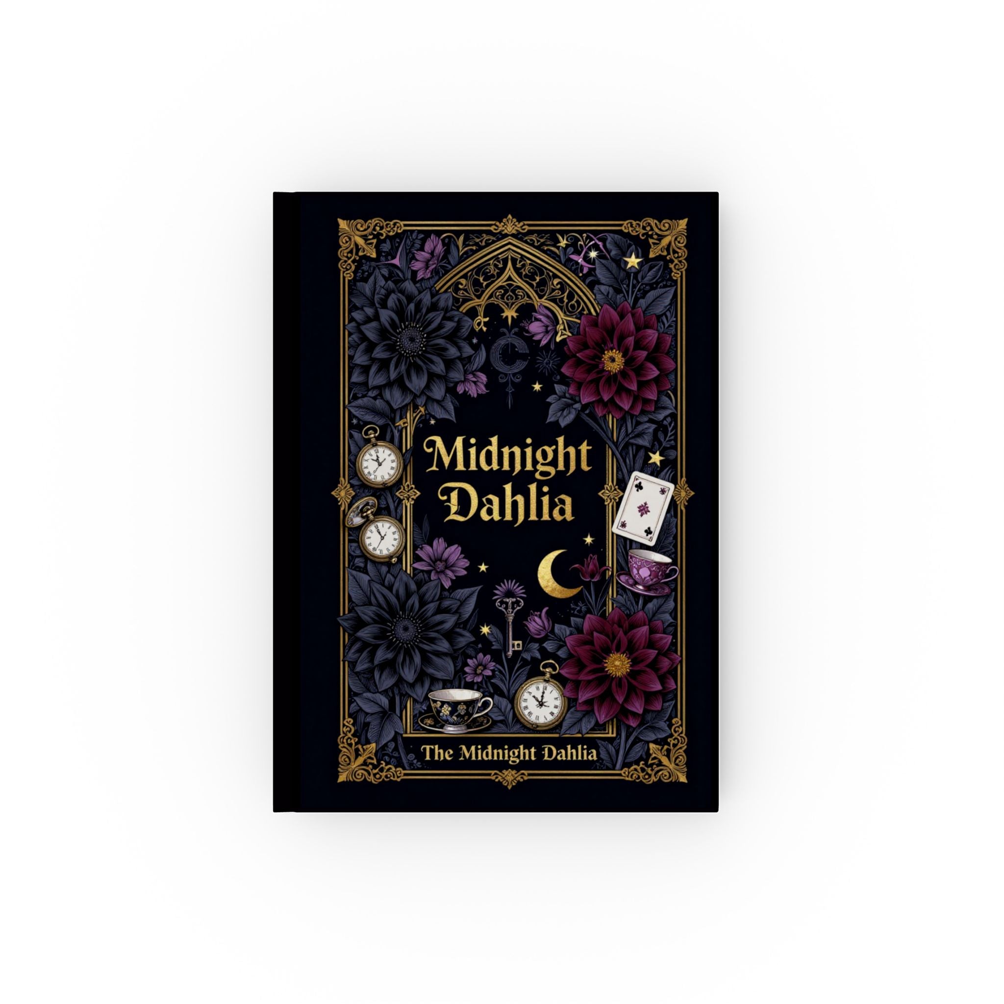 Midnight Dahlia Hardback Journal — Floral Gothic Notebook with Moon, Pocket Watch & Tarot Cards